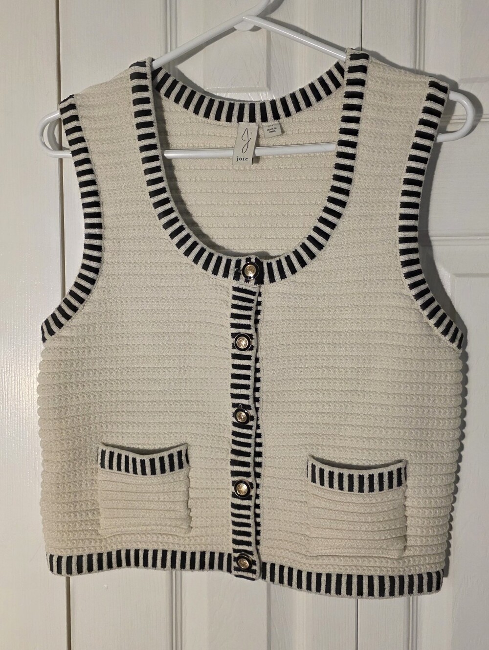 Joie Cream Knit Sleeveless Cardigan Vest with Black Stripe Trim Small